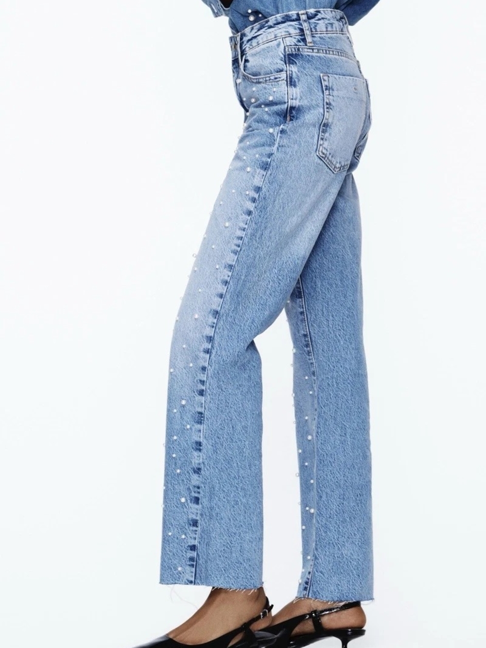 Zara High Waist Blue Pearl-Studded Straight Leg Jeans - Picture 3 of 9